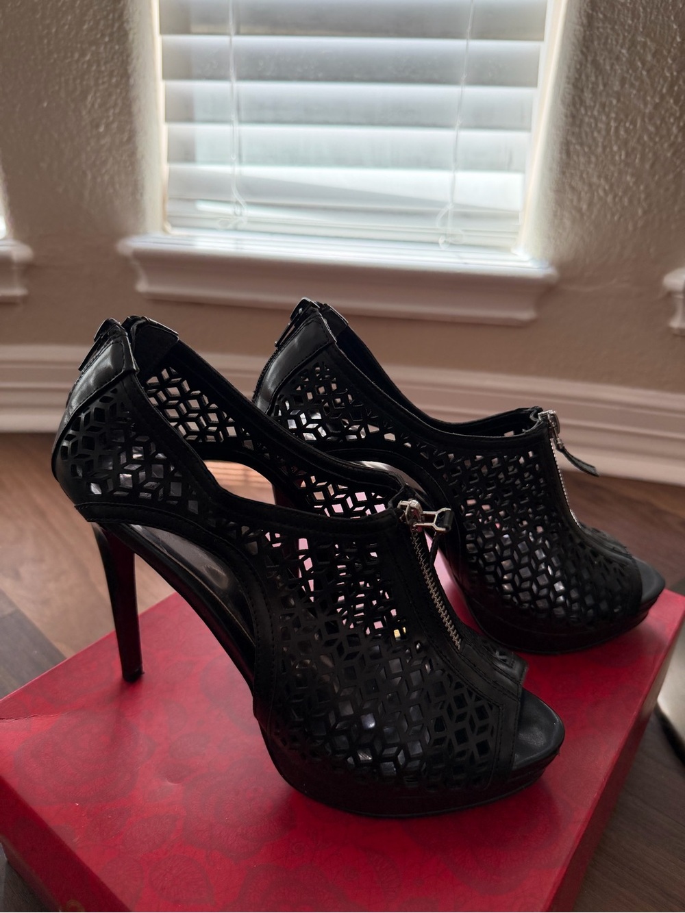 Carlos by Carlos Santana Black Laser-Cut Peep-Toe Zip Heels